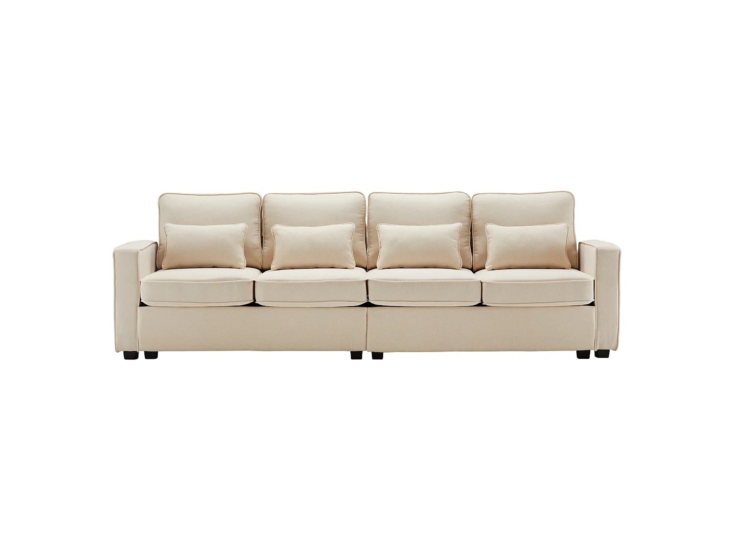 Bank - 4-Zits Linnen Sofa Met Opbergzakken En Hoge Rugleuning - Elastische Zitting - 4 Lendenkussens & Afneembare Zitkussens - Linnen - Beige