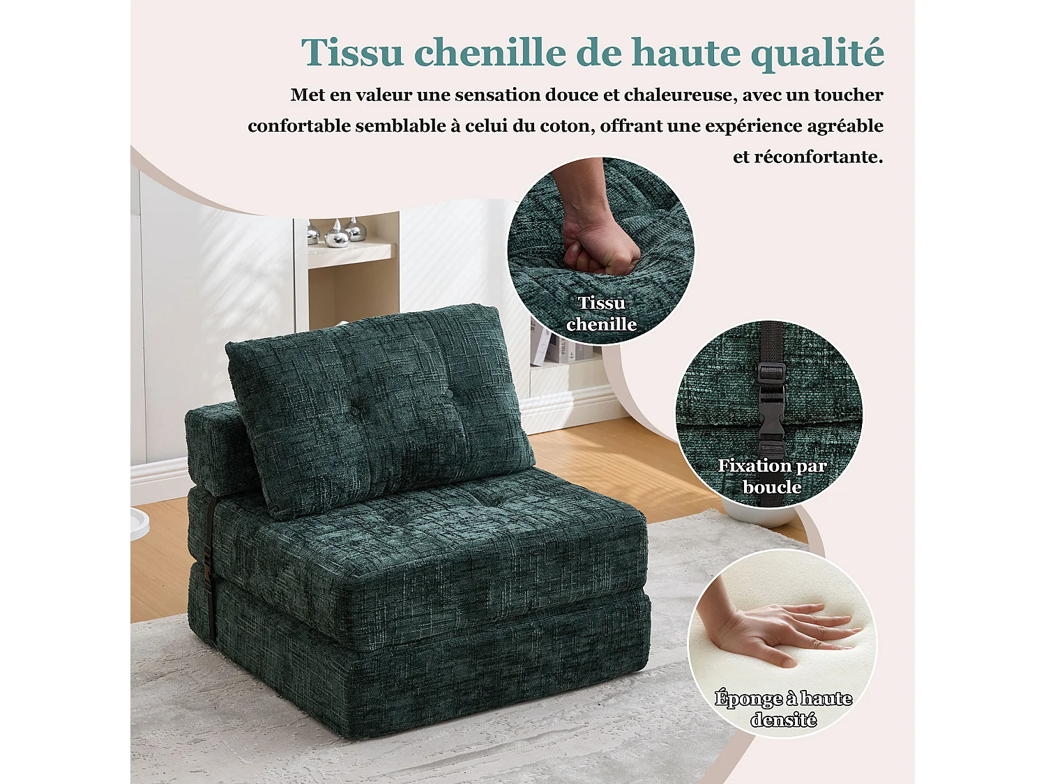 Slaapbank – 1-Zits Opvouwbare Slaapbank Met Rugleuning – Hoogdicht Schuim & Chenille – Voor Woonkamer En Slaapkamer – Smaragd