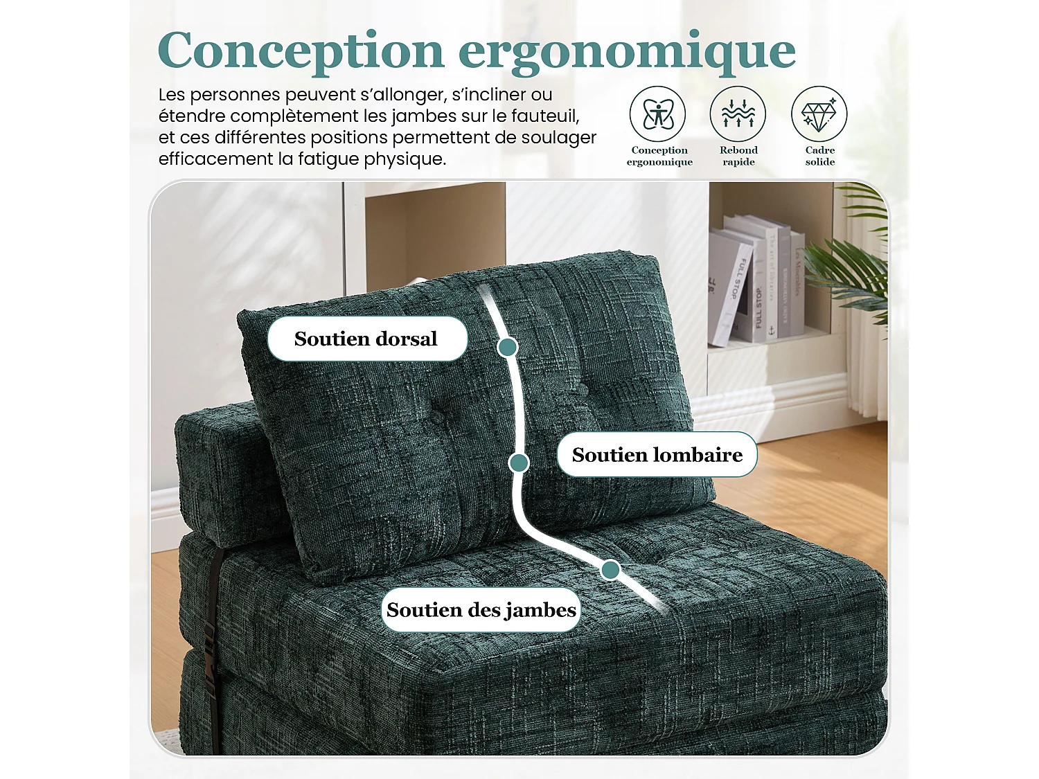 Slaapbank – 1-Zits Opvouwbare Slaapbank Met Rugleuning – Hoogdicht Schuim & Chenille – Voor Woonkamer En Slaapkamer – Smaragd