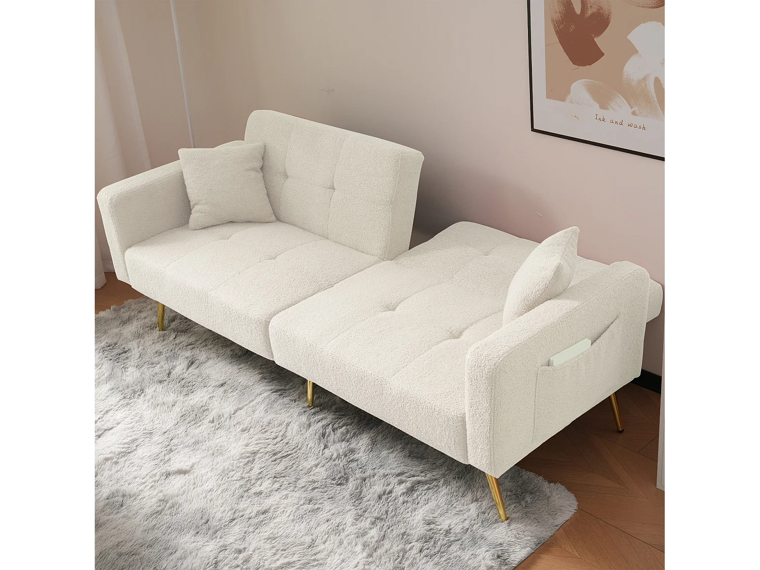 Canapé-Lit - 2 Places 175x64x72 cm - Dossier Réglable 105°/180° - Pieds Dorés - Tissu Sherpa - Avec Poches Latérales - Blanc
