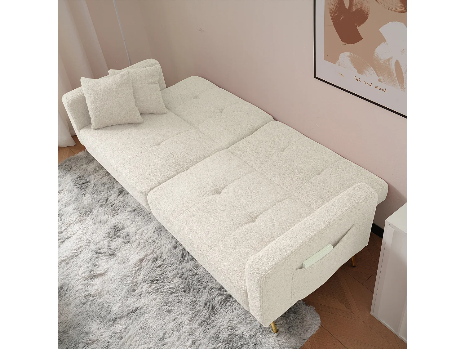 Canapé-Lit - 2 Places 175x64x72 cm - Dossier Réglable 105°/180° - Pieds Dorés - Tissu Sherpa - Avec Poches Latérales - Blanc