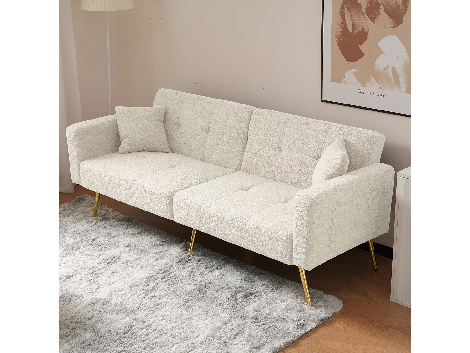 Canapé-Lit - 2 Places 175x64x72 cm - Dossier Réglable 105°/180° - Pieds Dorés - Tissu Sherpa - Avec Poches Latérales - Blanc