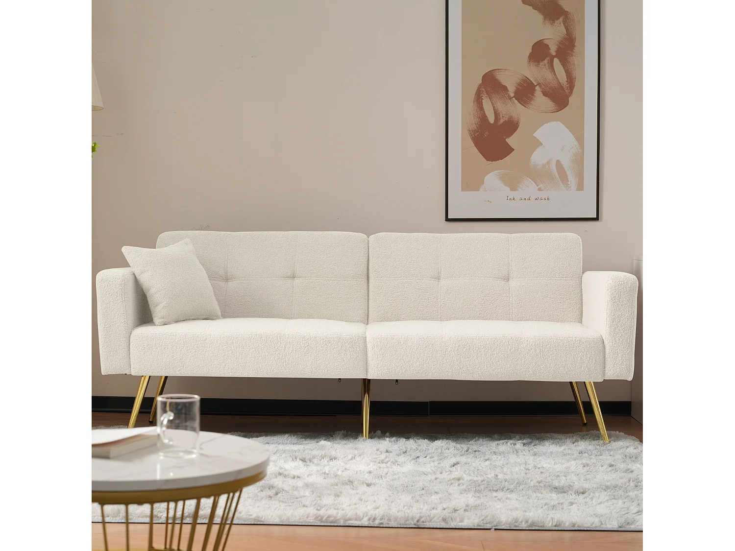 Canapé-Lit - 2 Places 175x64x72 cm - Dossier Réglable 105°/180° - Pieds Dorés - Tissu Sherpa - Avec Poches Latérales - Blanc