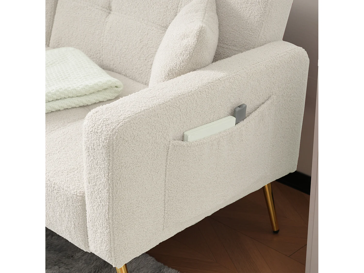 Canapé-Lit - 2 Places 175x64x72 cm - Dossier Réglable 105°/180° - Pieds Dorés - Tissu Sherpa - Avec Poches Latérales - Blanc
