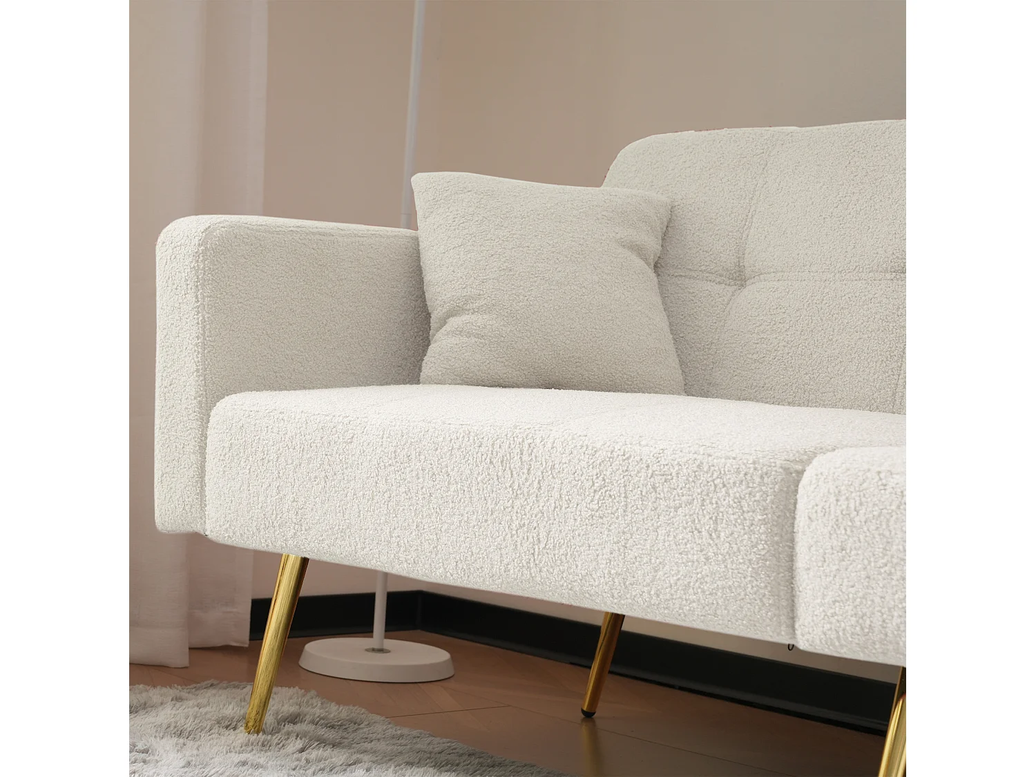 Canapé-Lit - 2 Places 175x64x72 cm - Dossier Réglable 105°/180° - Pieds Dorés - Tissu Sherpa - Avec Poches Latérales - Blanc
