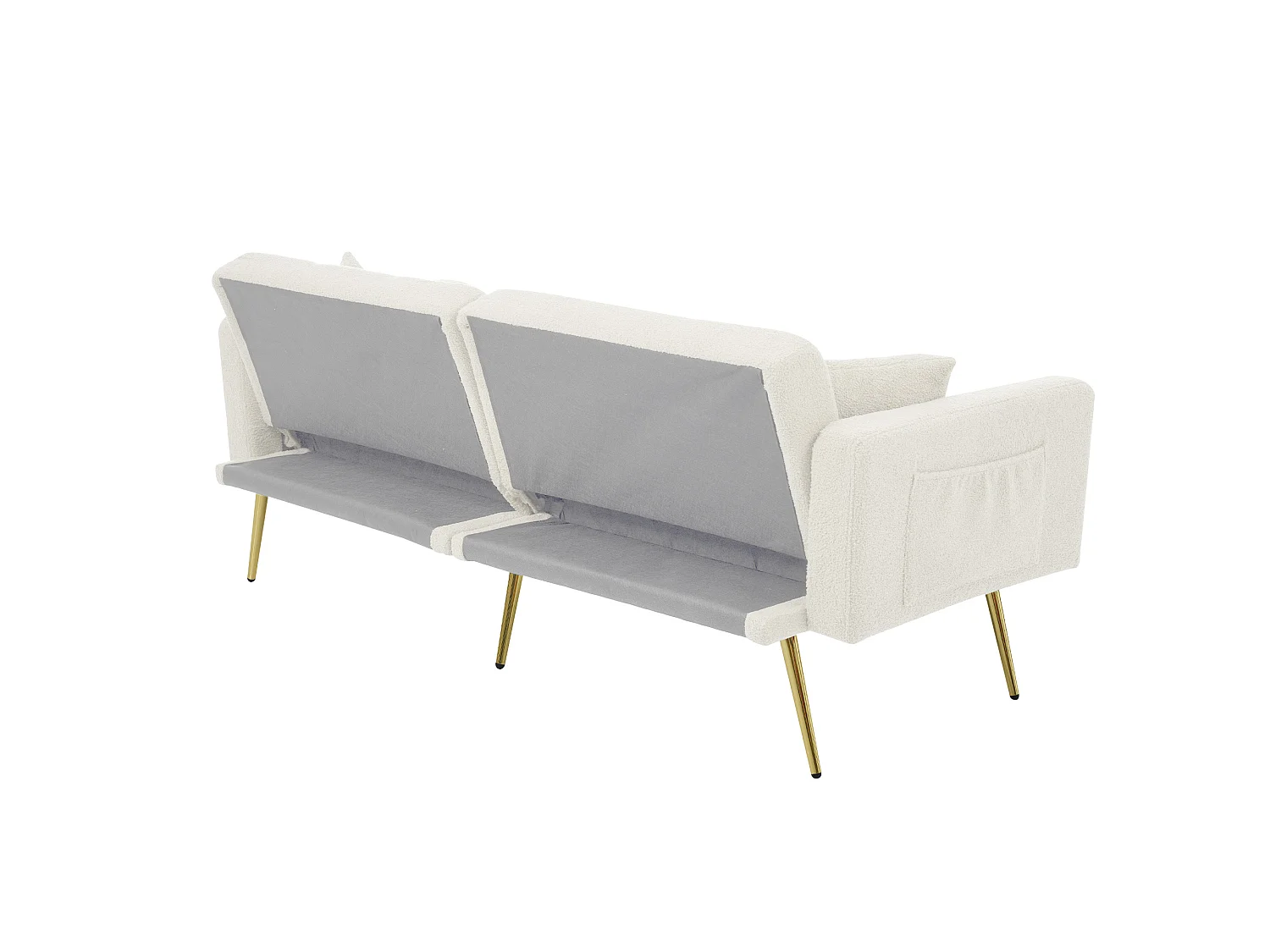 Canapé-Lit - 2 Places 175x64x72 cm - Dossier Réglable 105°/180° - Pieds Dorés - Tissu Sherpa - Avec Poches Latérales - Blanc