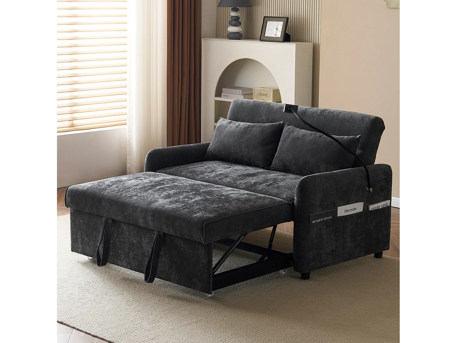 Canapé-lit 2 places convertible – Dossier 3 positions, USB et support téléphone, roulettes – Chenille gris