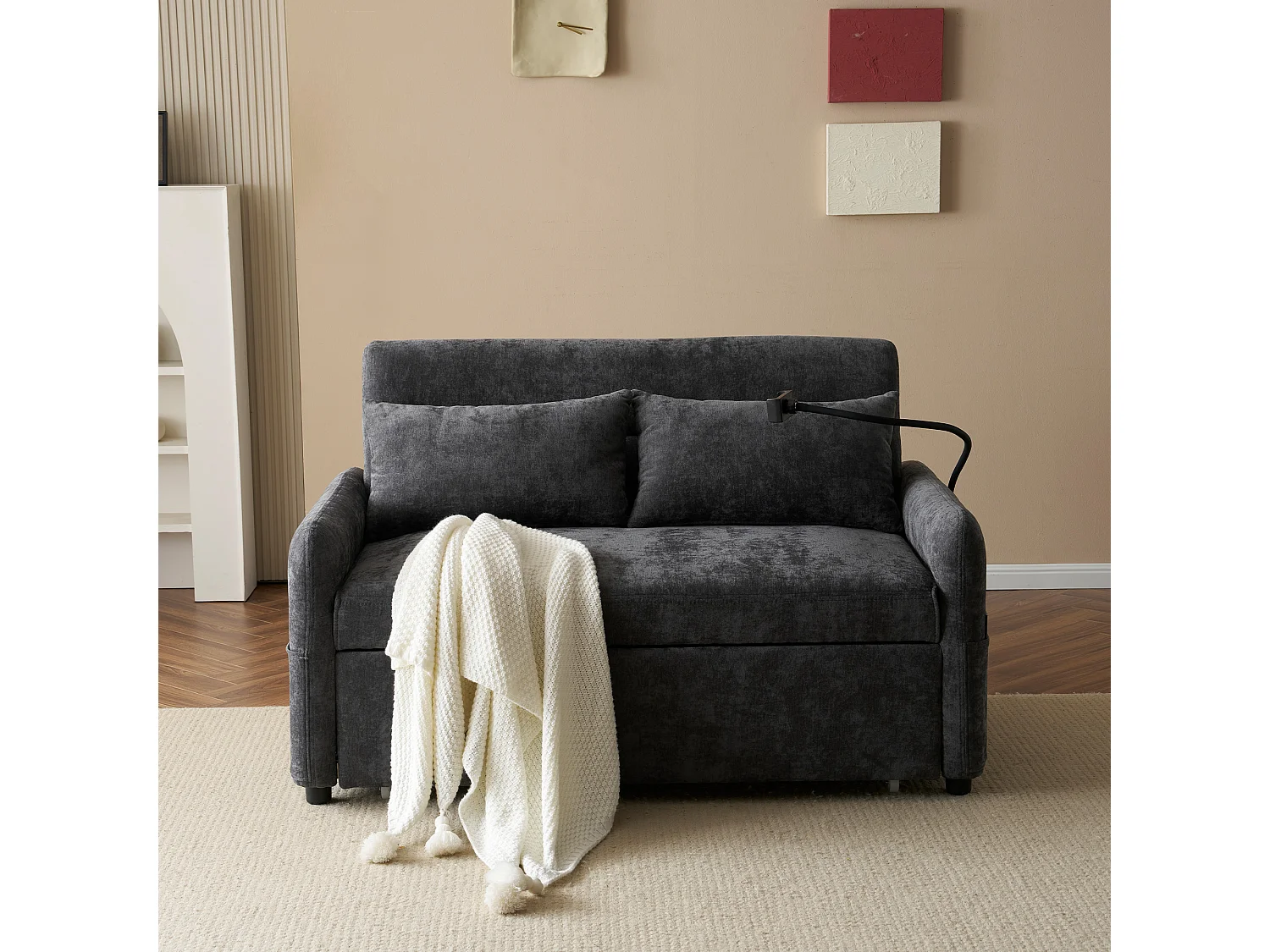 Canapé-lit 2 places convertible – Dossier 3 positions, USB et support téléphone, roulettes – Chenille gris