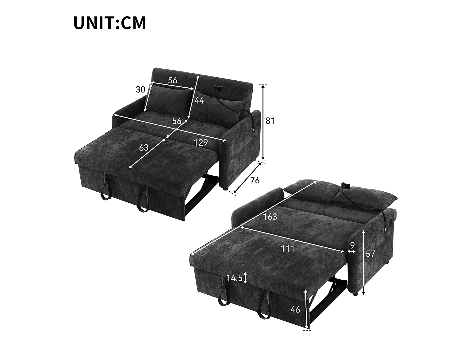 Canapé-lit 2 places convertible – Dossier 3 positions, USB et support téléphone, roulettes – Chenille gris
