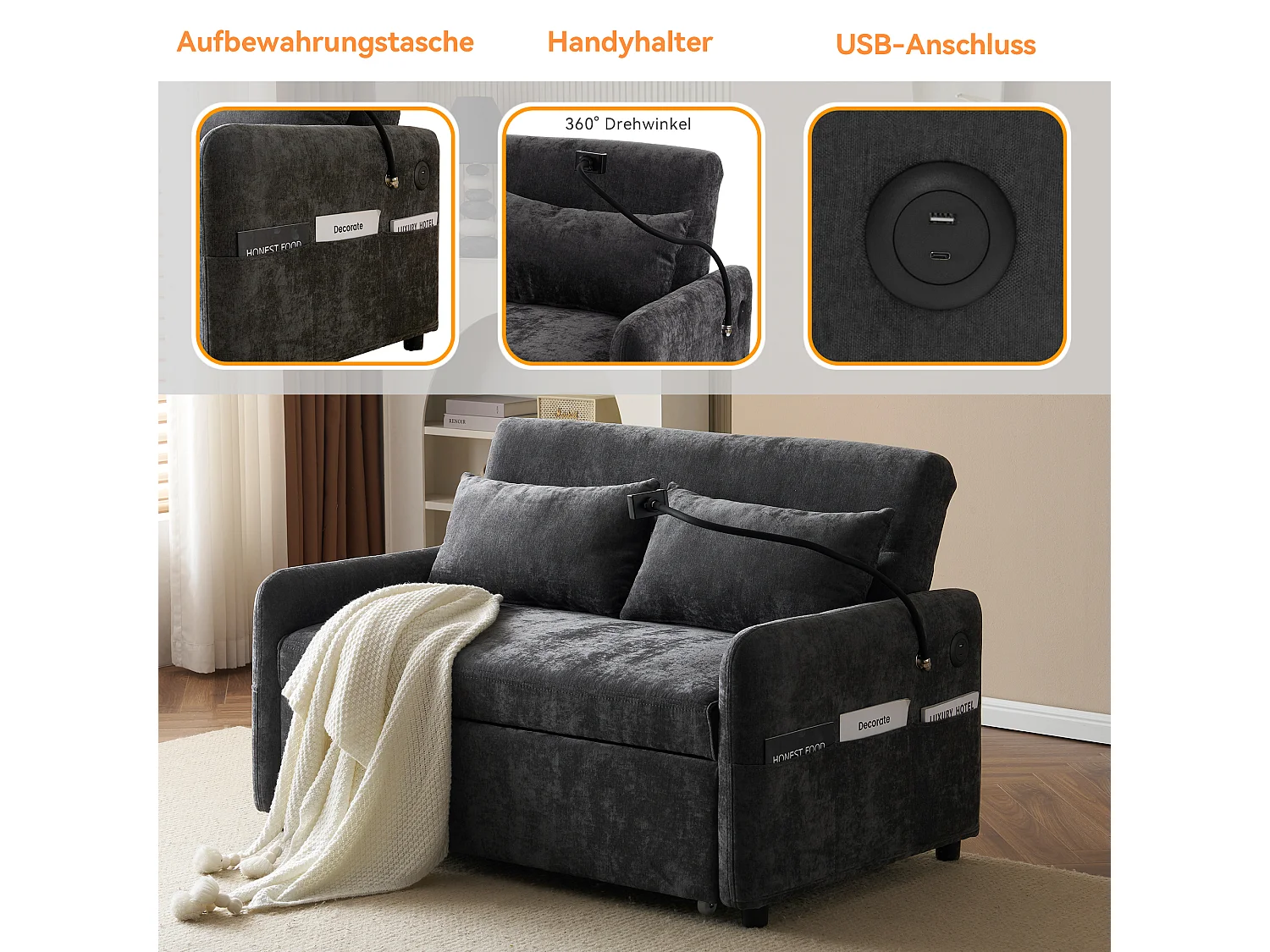 Canapé-lit 2 places convertible – Dossier 3 positions, USB et support téléphone, roulettes – Chenille gris
