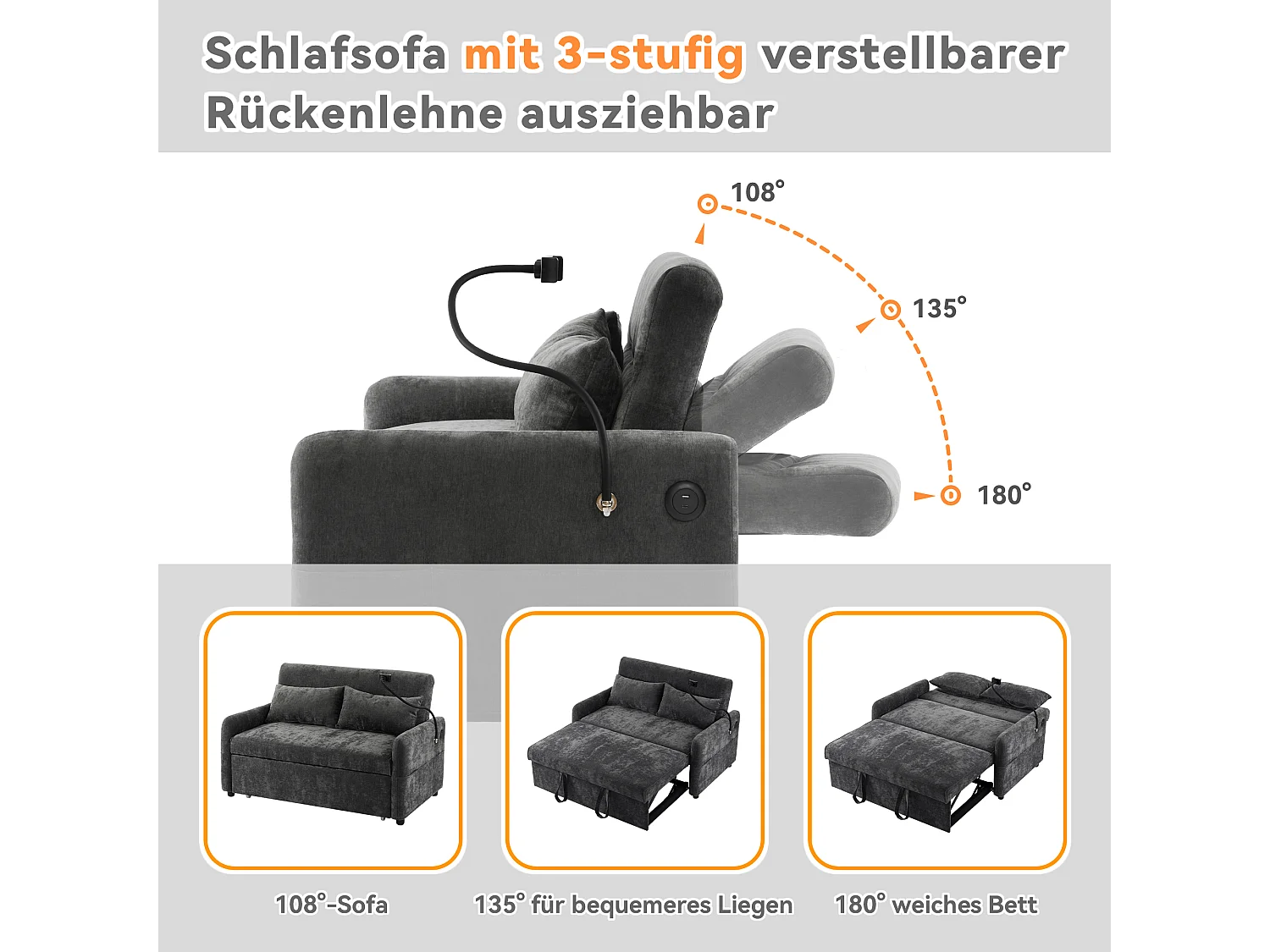 Canapé-lit 2 places convertible – Dossier 3 positions, USB et support téléphone, roulettes – Chenille gris