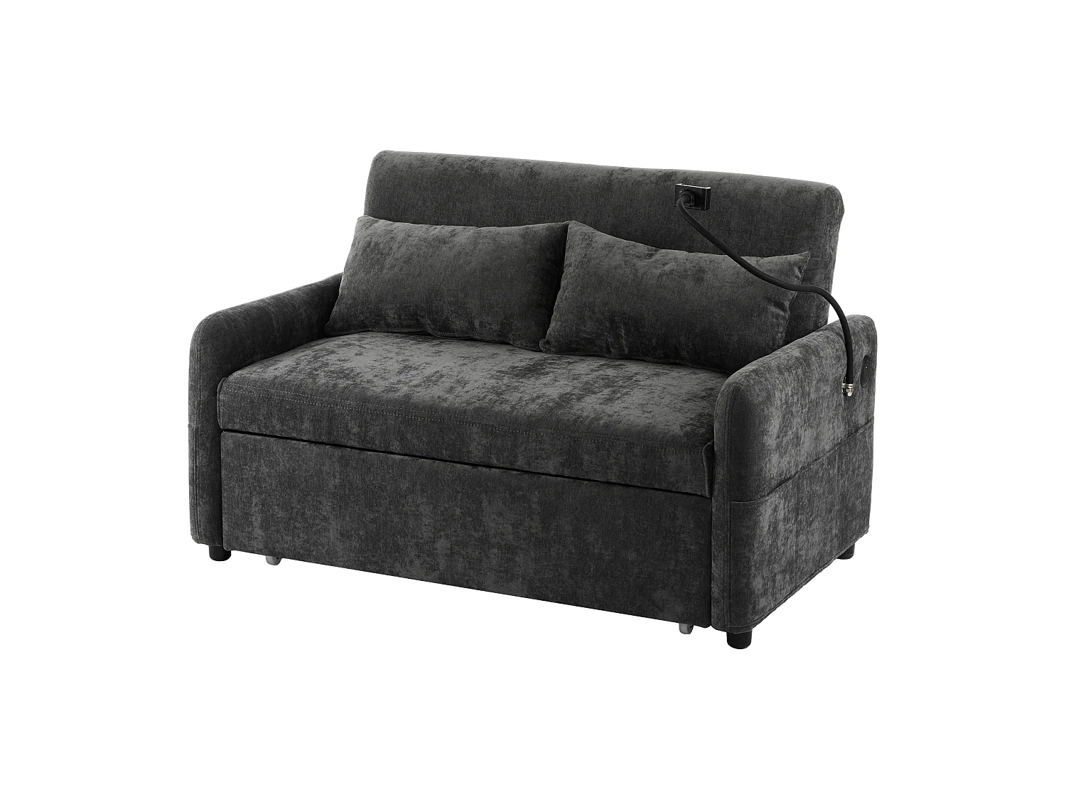 Canapé-lit 2 places convertible – Dossier 3 positions, USB et support téléphone, roulettes – Chenille gris