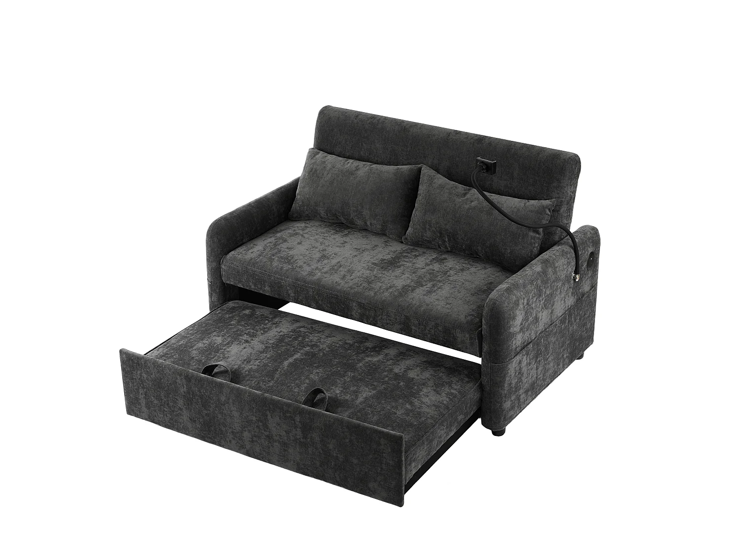 Canapé-lit 2 places convertible – Dossier 3 positions, USB et support téléphone, roulettes – Chenille gris