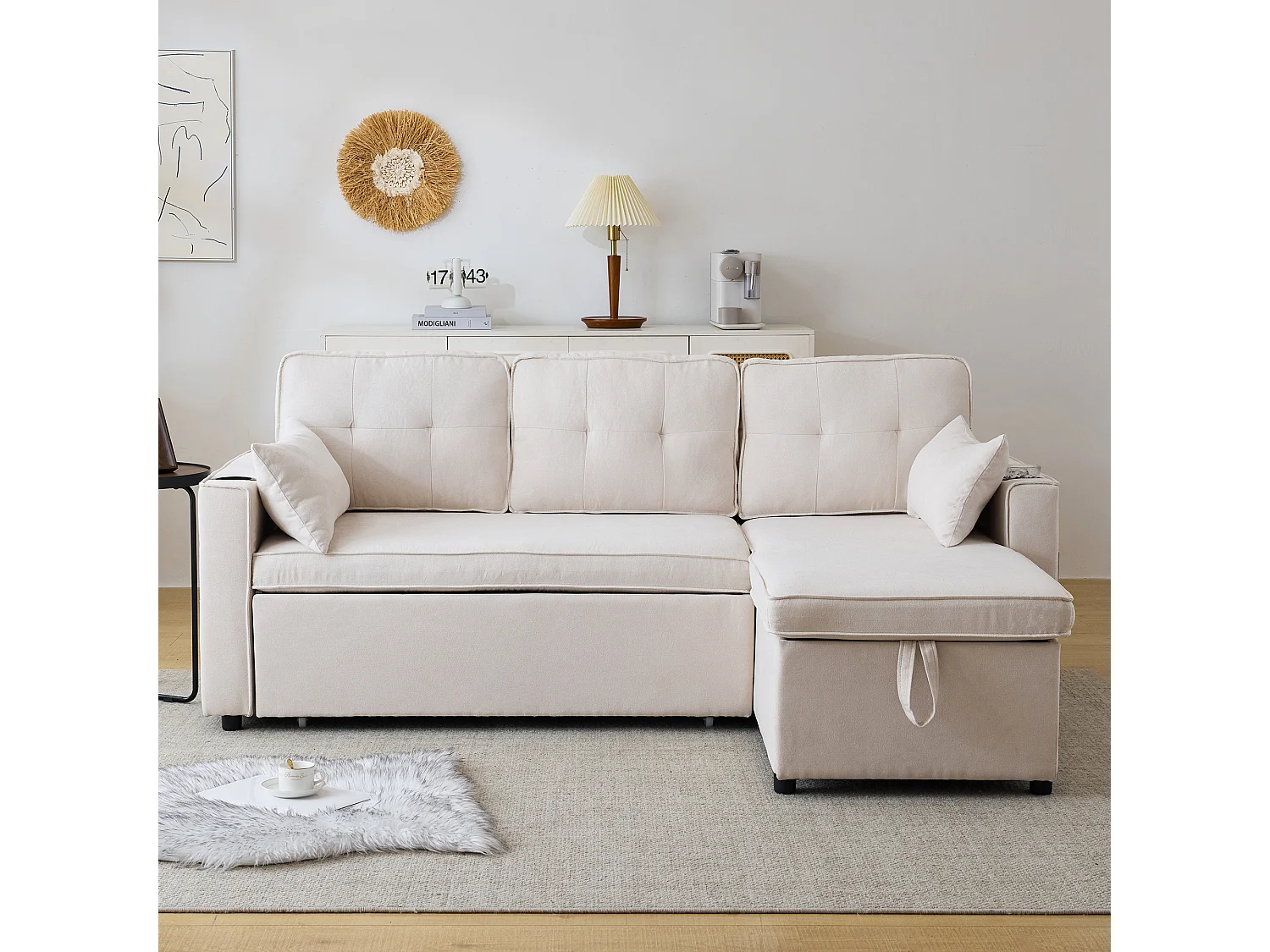 Slaapbank – 3-Zits Met Verwisselbare Chaiselongue – Inklapbaar Tot 211x130x86 cm Met Opbergruimte, Bekerhouders & Zijvakken – Katoenlinnen – Beige