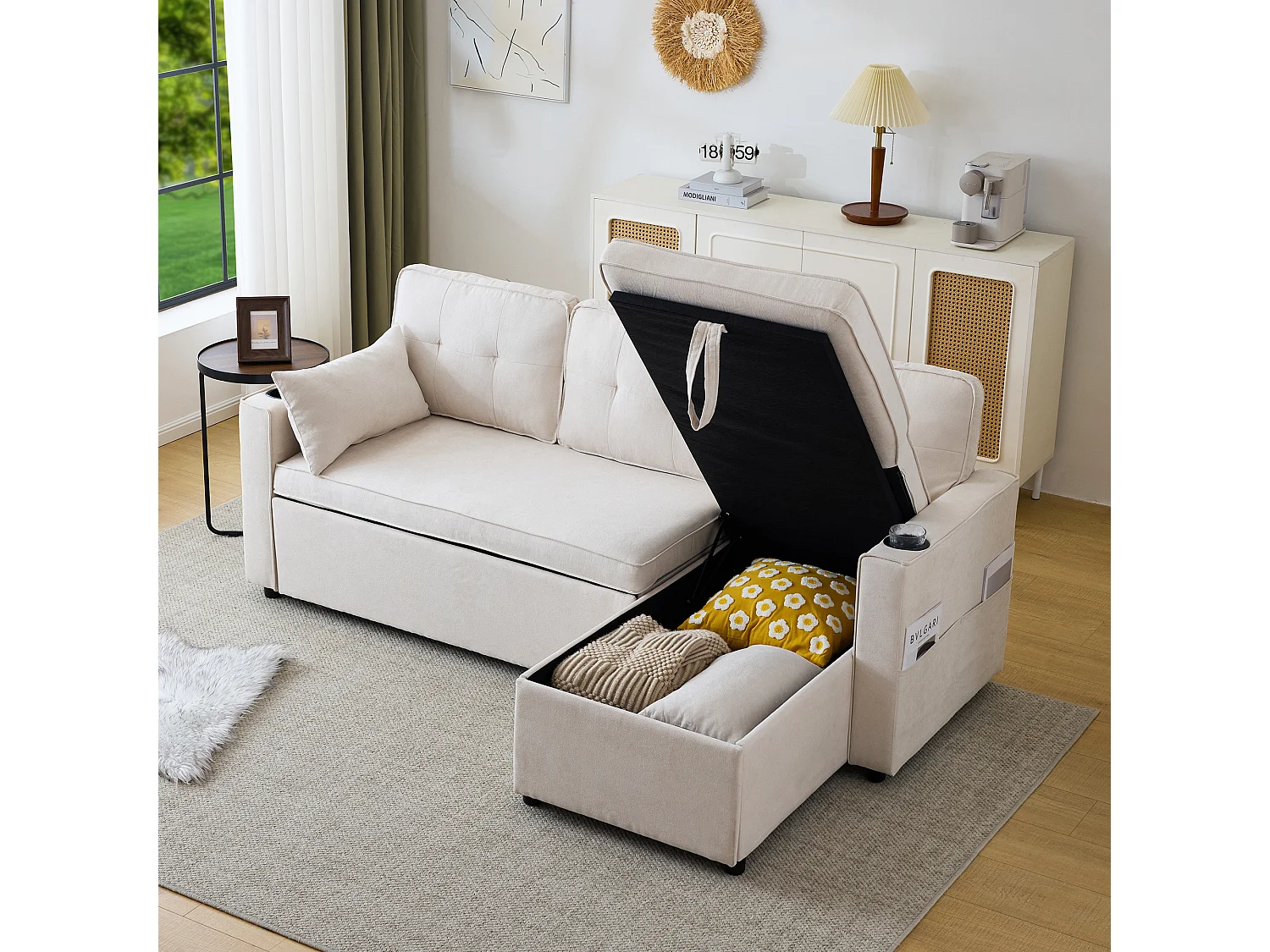 Slaapbank – 3-Zits Met Verwisselbare Chaiselongue – Inklapbaar Tot 211x130x86 cm Met Opbergruimte, Bekerhouders & Zijvakken – Katoenlinnen – Beige