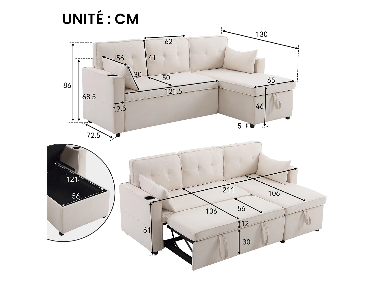 Slaapbank – 3-Zits Met Verwisselbare Chaiselongue – Inklapbaar Tot 211x130x86 cm Met Opbergruimte, Bekerhouders & Zijvakken – Katoenlinnen – Beige