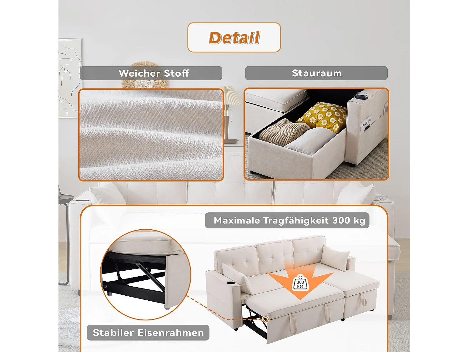 Slaapbank – 3-Zits Met Verwisselbare Chaiselongue – Inklapbaar Tot 211x130x86 cm Met Opbergruimte, Bekerhouders & Zijvakken – Katoenlinnen – Beige