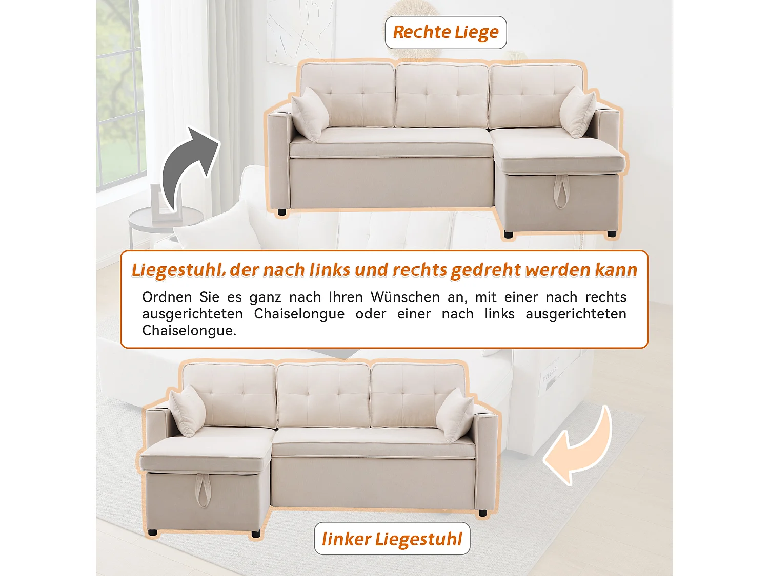Slaapbank – 3-Zits Met Verwisselbare Chaiselongue – Inklapbaar Tot 211x130x86 cm Met Opbergruimte, Bekerhouders & Zijvakken – Katoenlinnen – Beige