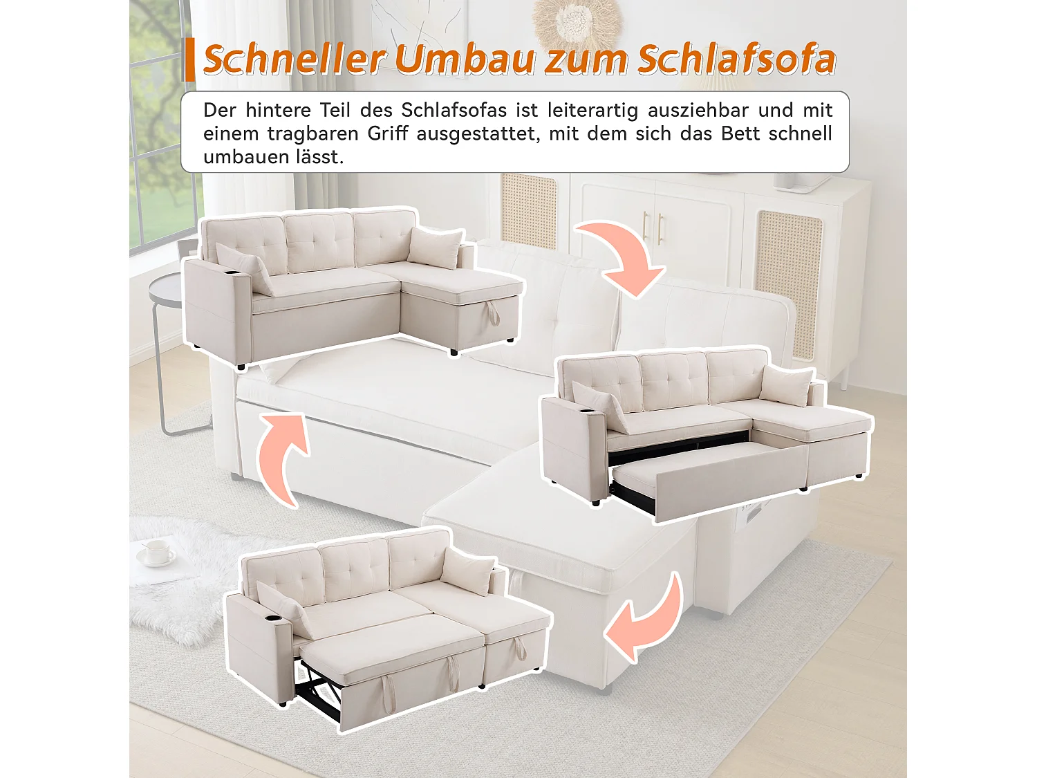 Slaapbank – 3-Zits Met Verwisselbare Chaiselongue – Inklapbaar Tot 211x130x86 cm Met Opbergruimte, Bekerhouders & Zijvakken – Katoenlinnen – Beige