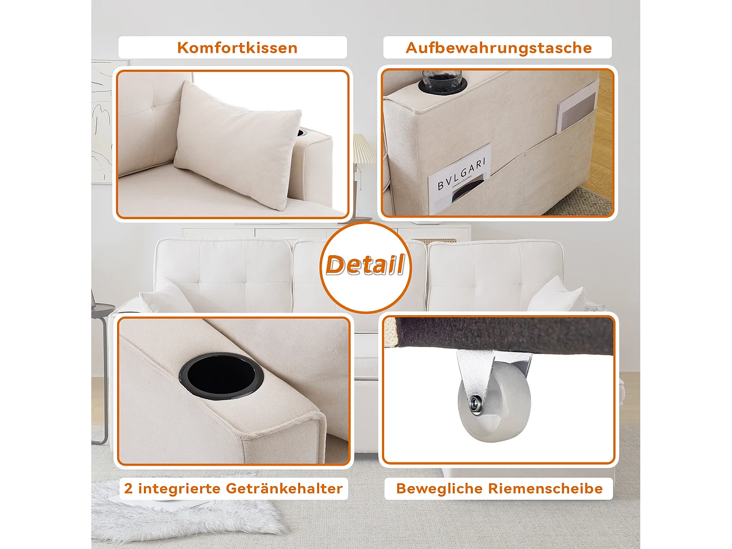 Slaapbank – 3-Zits Met Verwisselbare Chaiselongue – Inklapbaar Tot 211x130x86 cm Met Opbergruimte, Bekerhouders & Zijvakken – Katoenlinnen – Beige
