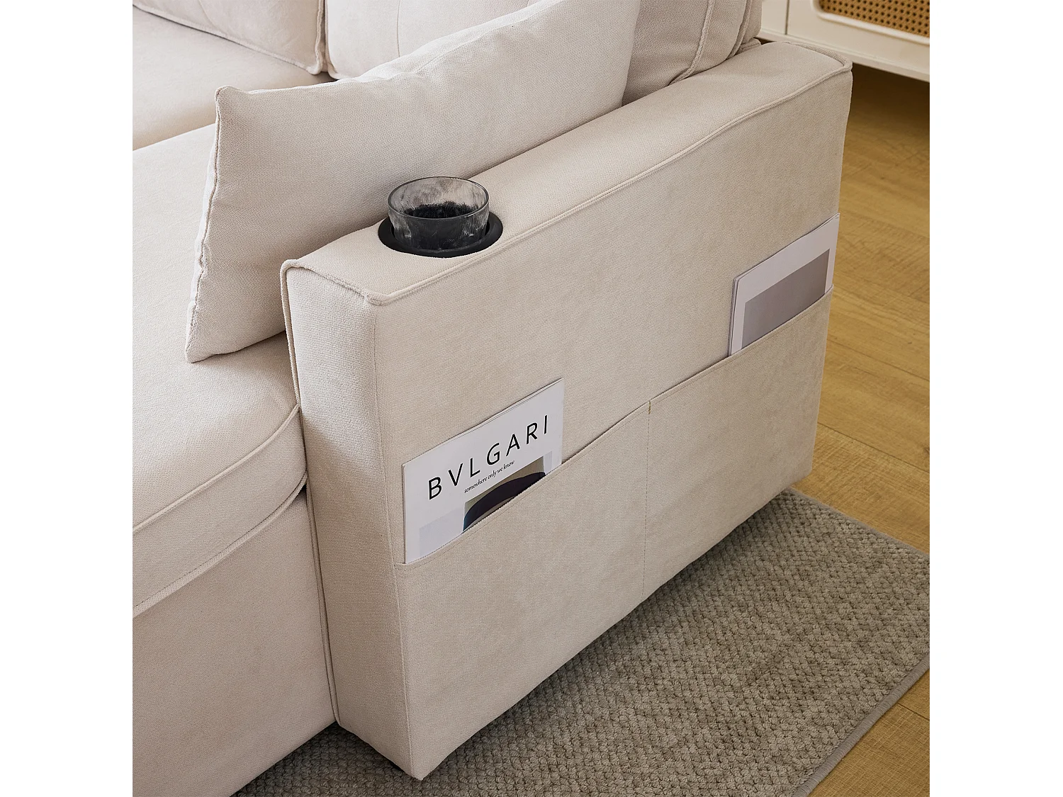 Slaapbank – 3-Zits Met Verwisselbare Chaiselongue – Inklapbaar Tot 211x130x86 cm Met Opbergruimte, Bekerhouders & Zijvakken – Katoenlinnen – Beige