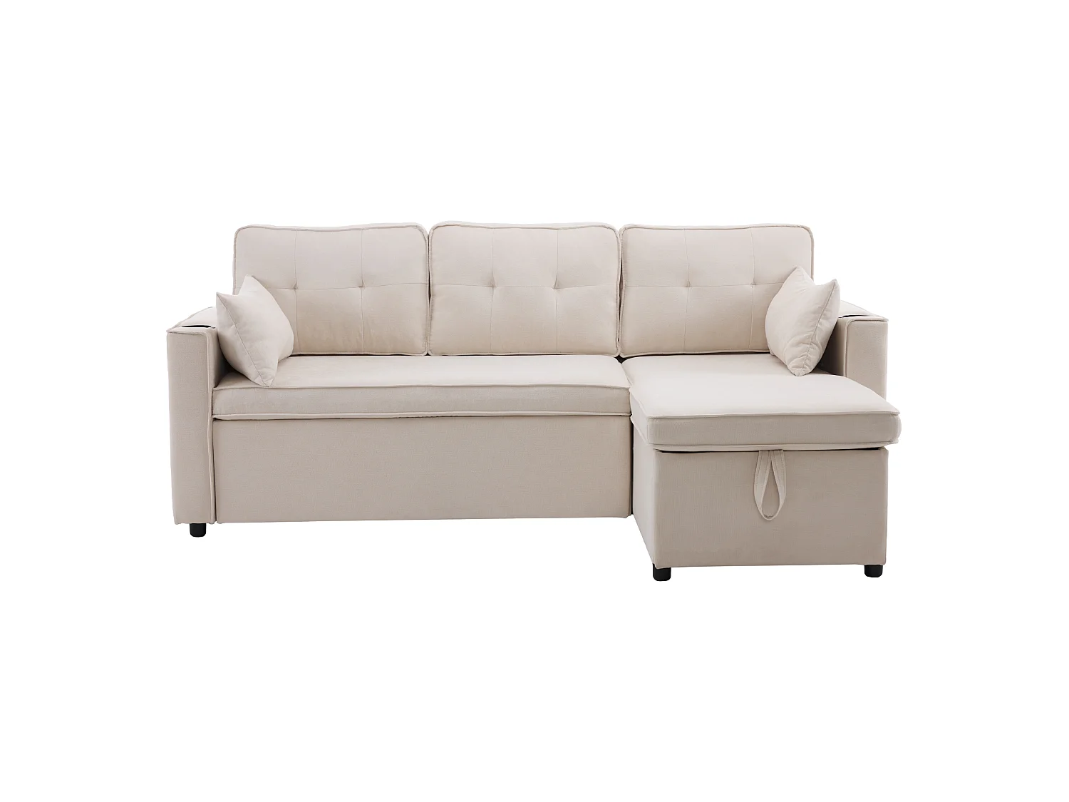 Slaapbank – 3-Zits Met Verwisselbare Chaiselongue – Inklapbaar Tot 211x130x86 cm Met Opbergruimte, Bekerhouders & Zijvakken – Katoenlinnen – Beige
