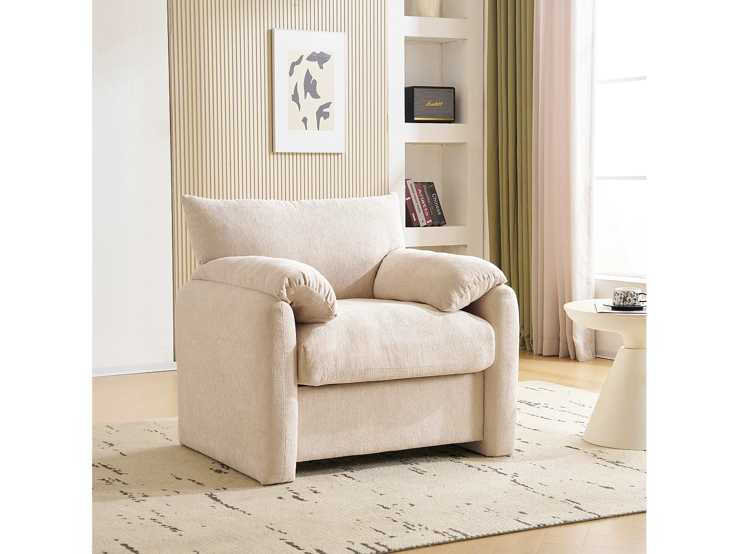 Fauteuil surdimensionné 1 place – Mousse haute résilience et coussins d'accoudoirs – Structure en bois massif/métal 150 kg – Chenille – Beige