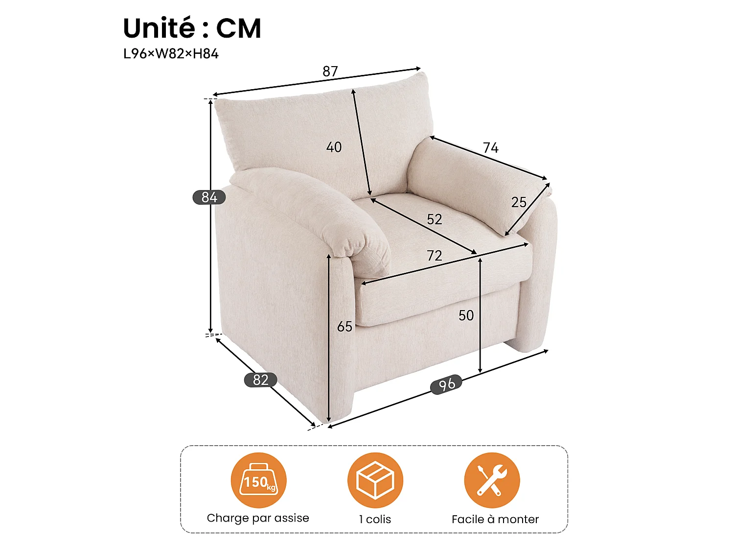 Fauteuil surdimensionné 1 place – Mousse haute résilience et coussins d'accoudoirs – Structure en bois massif/métal 150 kg – Chenille – Beige