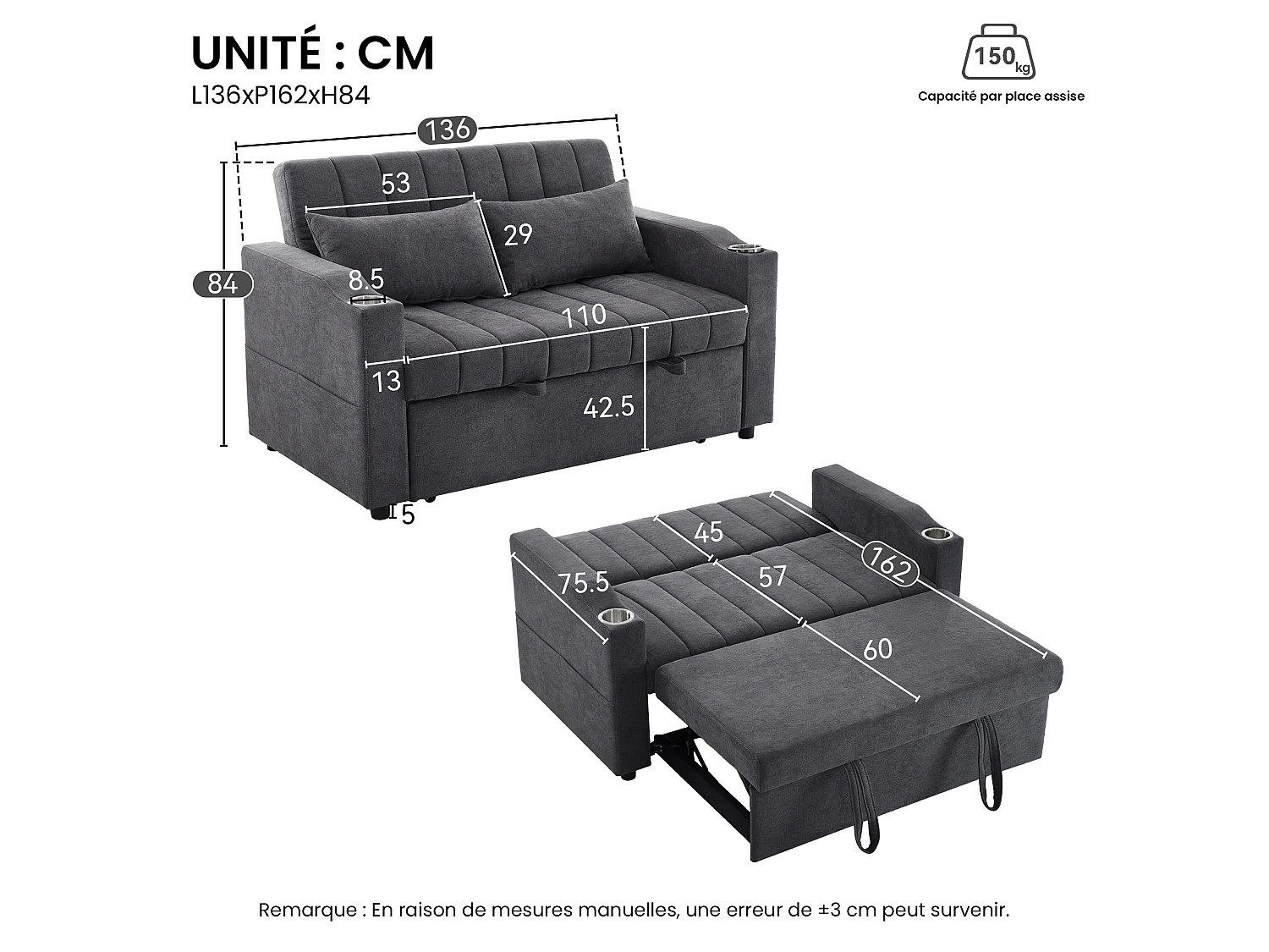 Canapé-lit multifonction - 2 places, dossier 3 positions, porte-gobelet inox et poches latérales - Structure métal et bois - Tissu coton-lin - Gris