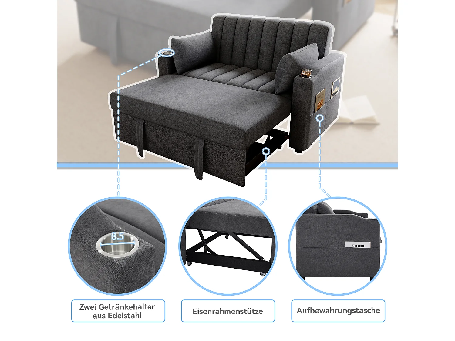 Canapé-lit multifonction - 2 places, dossier 3 positions, porte-gobelet inox et poches latérales - Structure métal et bois - Tissu coton-lin - Gris
