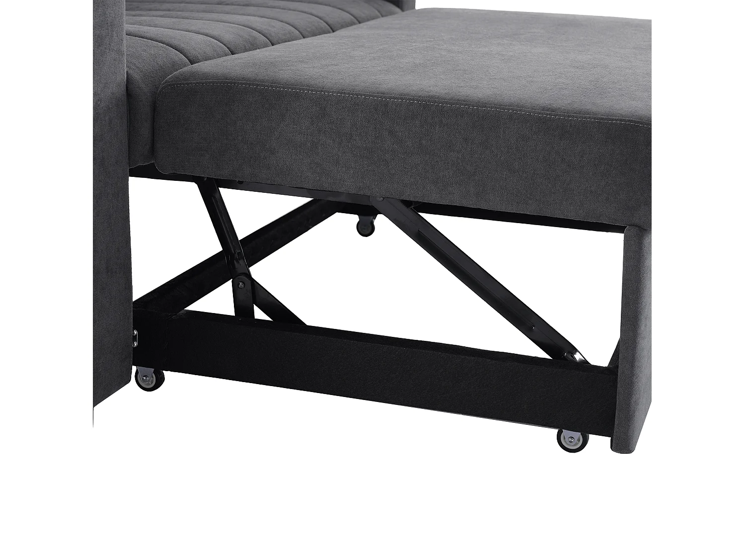 Canapé-lit multifonction - 2 places, dossier 3 positions, porte-gobelet inox et poches latérales - Structure métal et bois - Tissu coton-lin - Gris