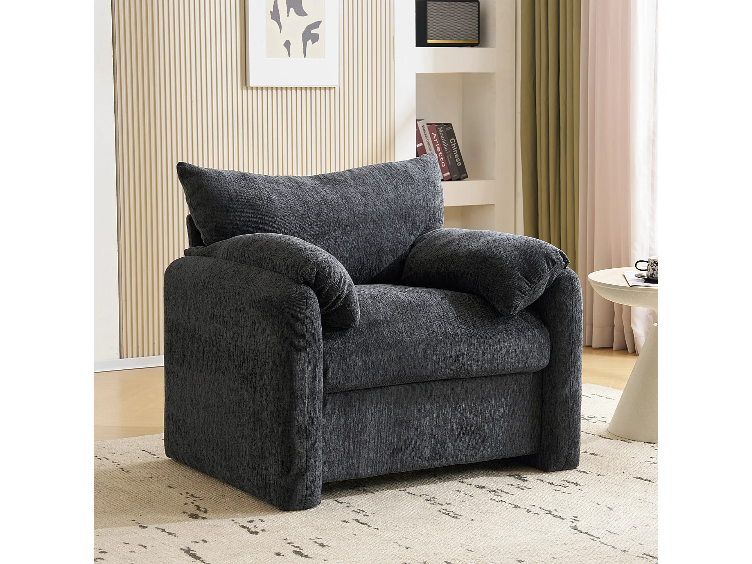 Fauteuil – 1-Zits Oversized Chenille Fauteuil – Hoge Elastische Schuimvulling en Pocketveren – Massief Hout en IJzer Frame – Grijs