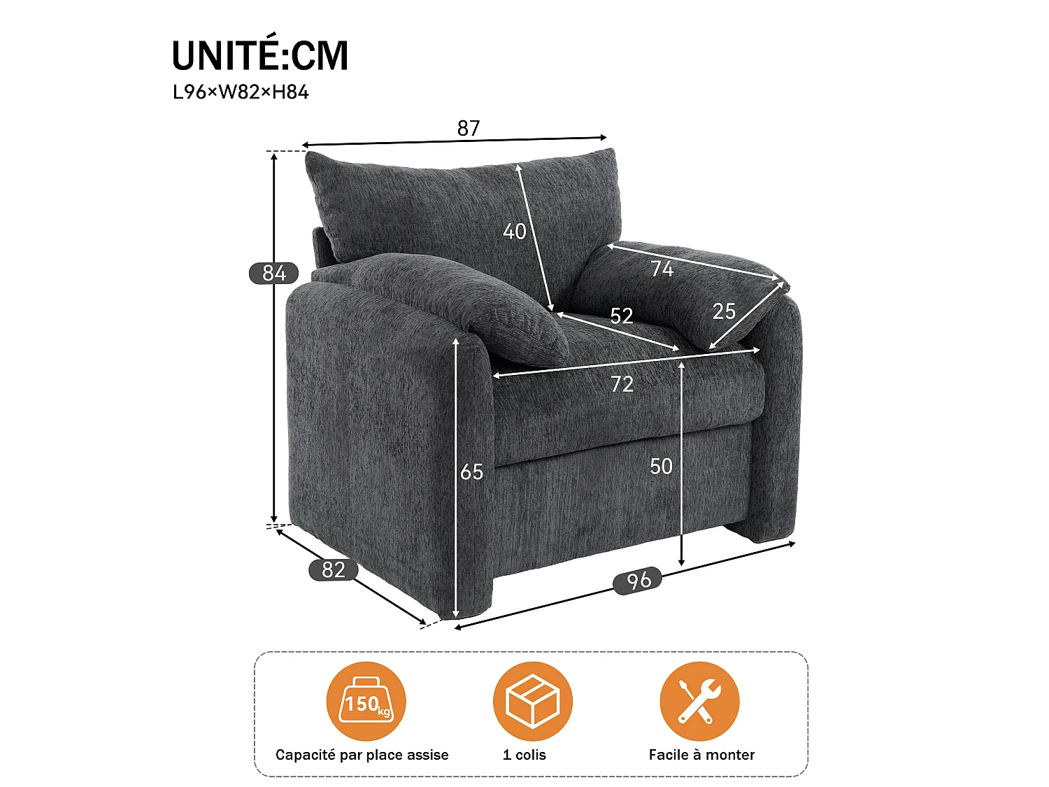 Fauteuil – 1-Zits Oversized Chenille Fauteuil – Hoge Elastische Schuimvulling en Pocketveren – Massief Hout en IJzer Frame – Grijs