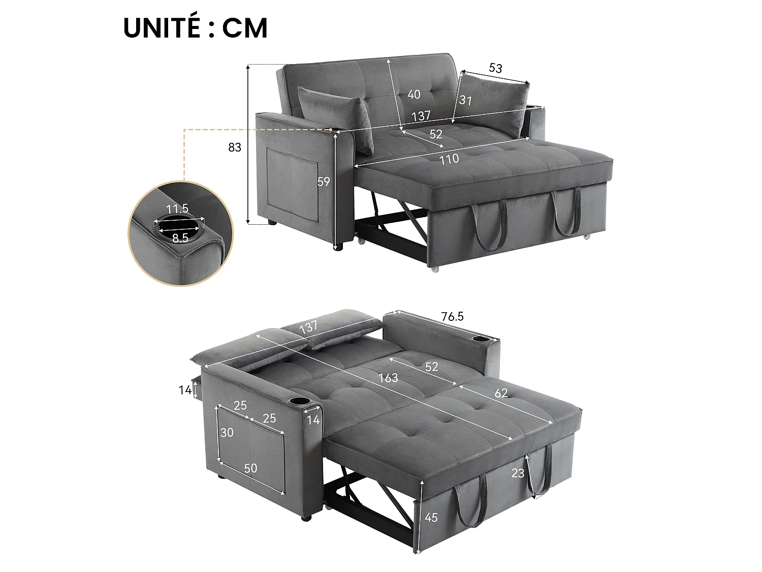 Slaapbank - 2-zits Multifunctioneel met 3-stand Rugleuning, Uittrekbaar Bed, 2 Kussens, Drinkhouder & Tijdschriftenzak - Fluweel - Grijs