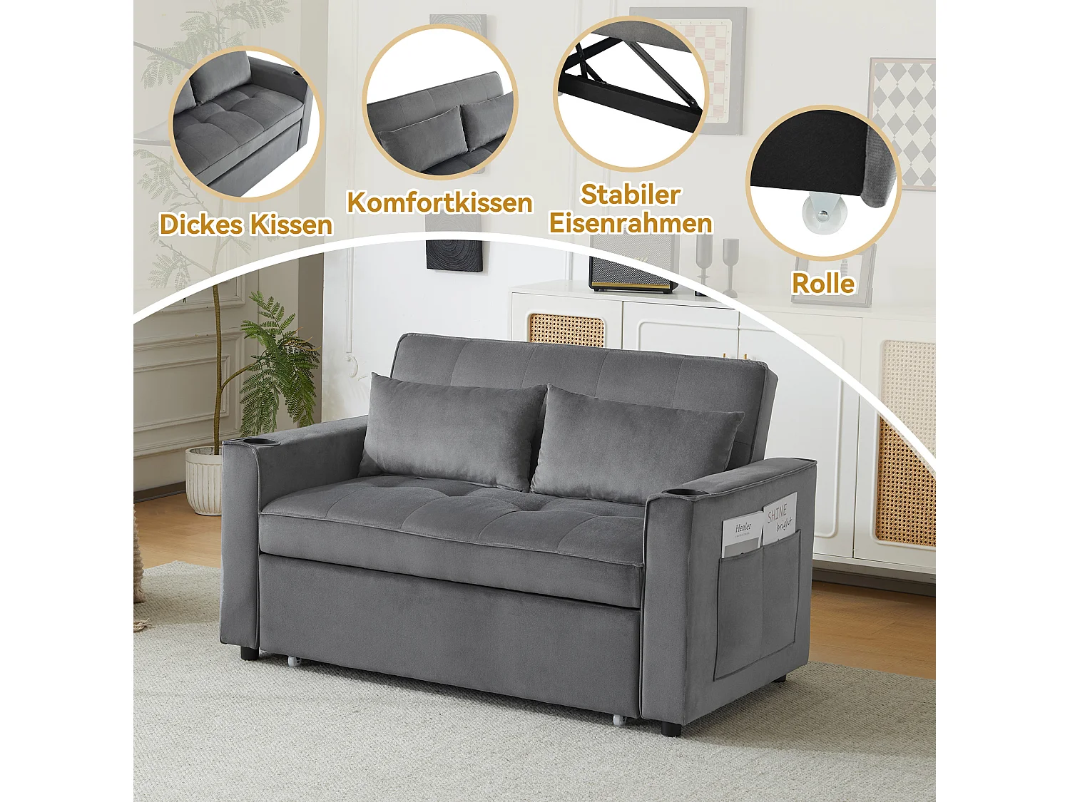 Slaapbank - 2-zits Multifunctioneel met 3-stand Rugleuning, Uittrekbaar Bed, 2 Kussens, Drinkhouder & Tijdschriftenzak - Fluweel - Grijs