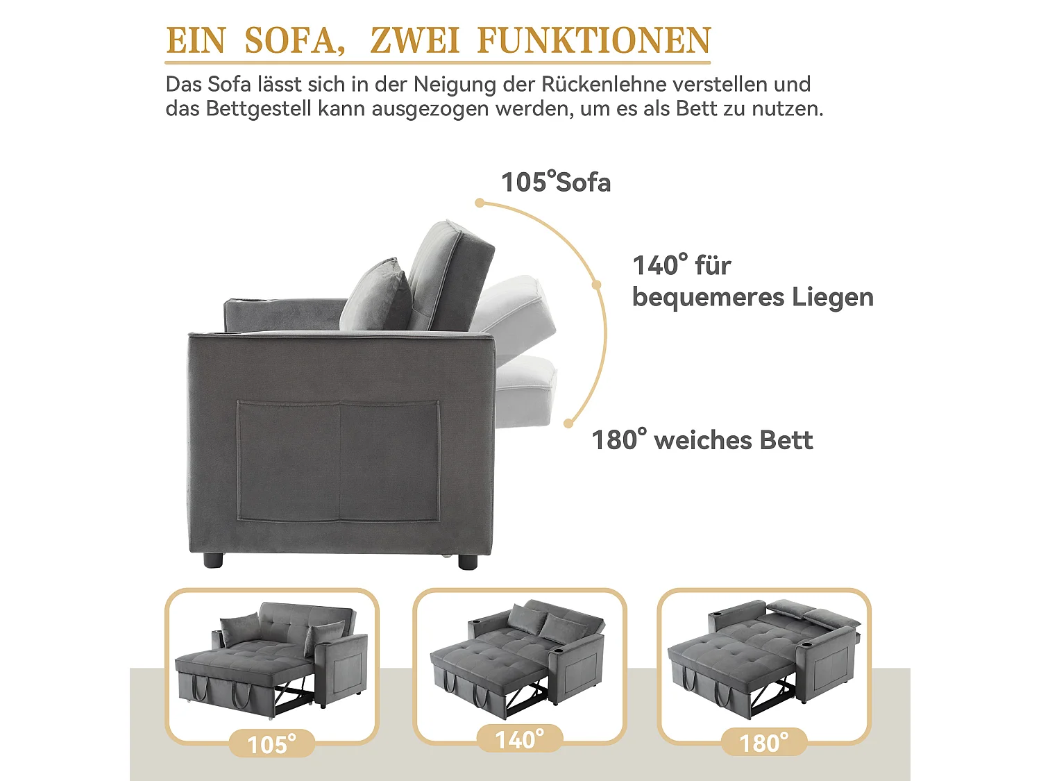 Slaapbank - 2-zits Multifunctioneel met 3-stand Rugleuning, Uittrekbaar Bed, 2 Kussens, Drinkhouder & Tijdschriftenzak - Fluweel - Grijs