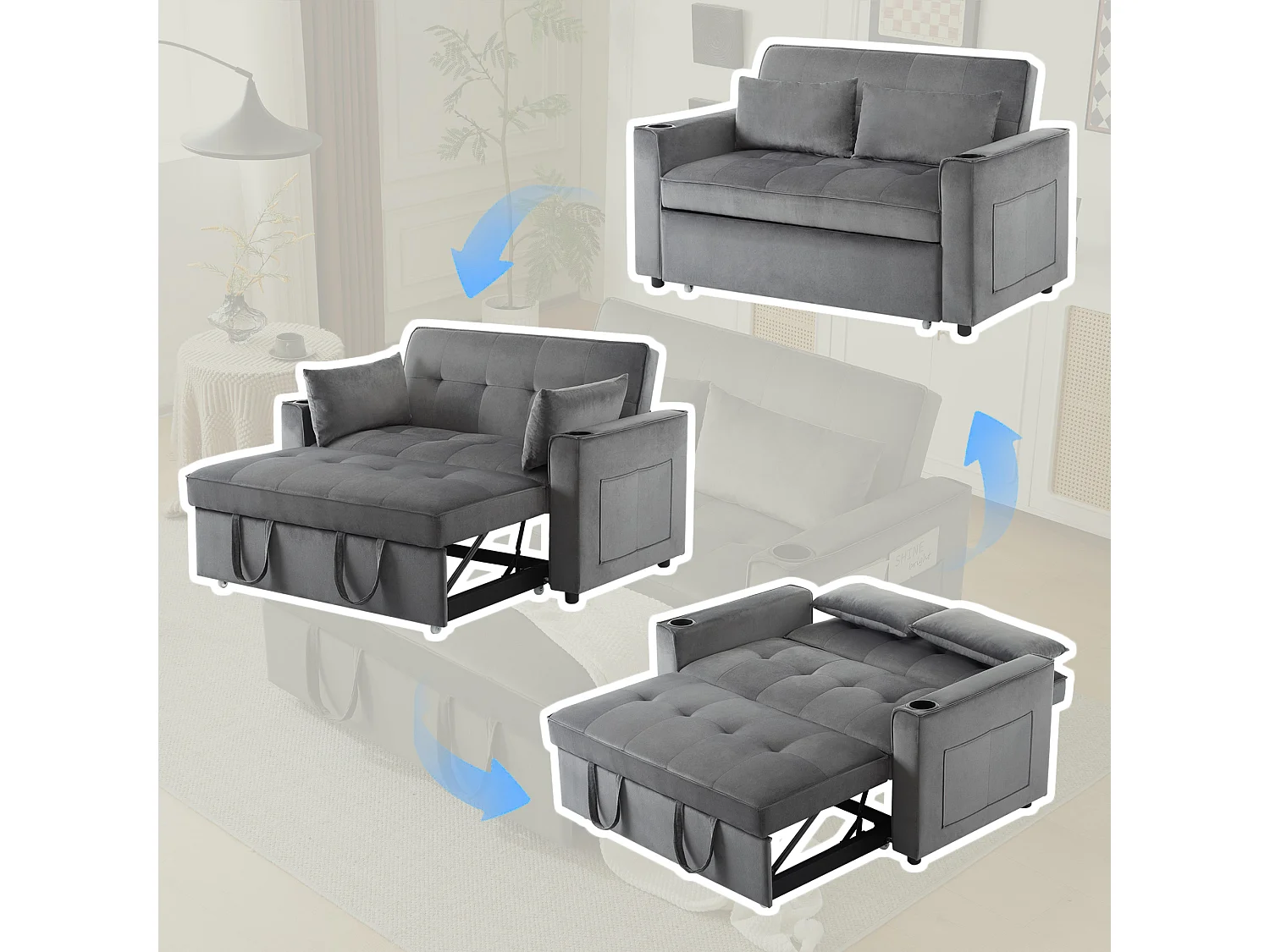 Slaapbank - 2-zits Multifunctioneel met 3-stand Rugleuning, Uittrekbaar Bed, 2 Kussens, Drinkhouder & Tijdschriftenzak - Fluweel - Grijs