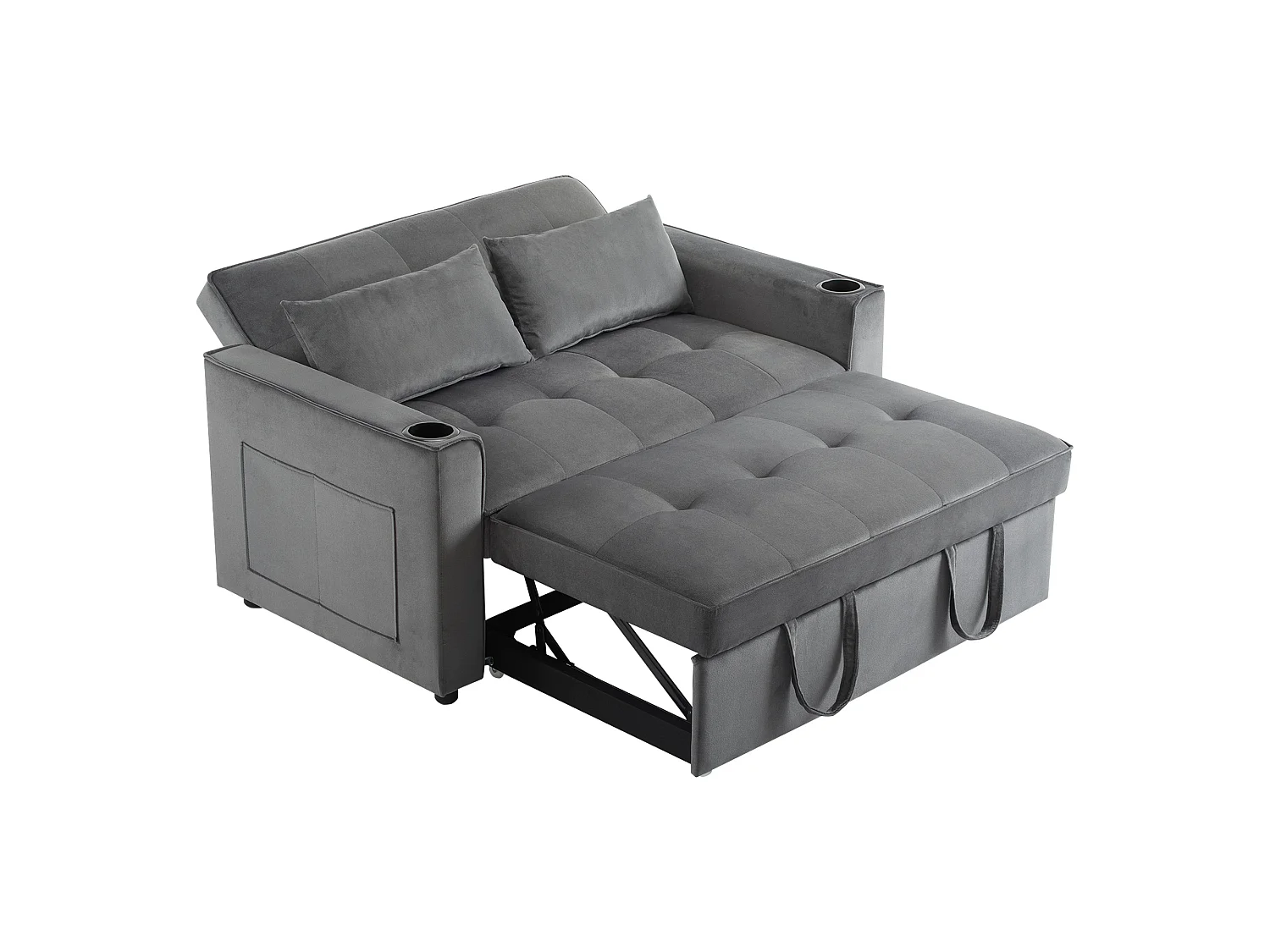 Slaapbank - 2-zits Multifunctioneel met 3-stand Rugleuning, Uittrekbaar Bed, 2 Kussens, Drinkhouder & Tijdschriftenzak - Fluweel - Grijs