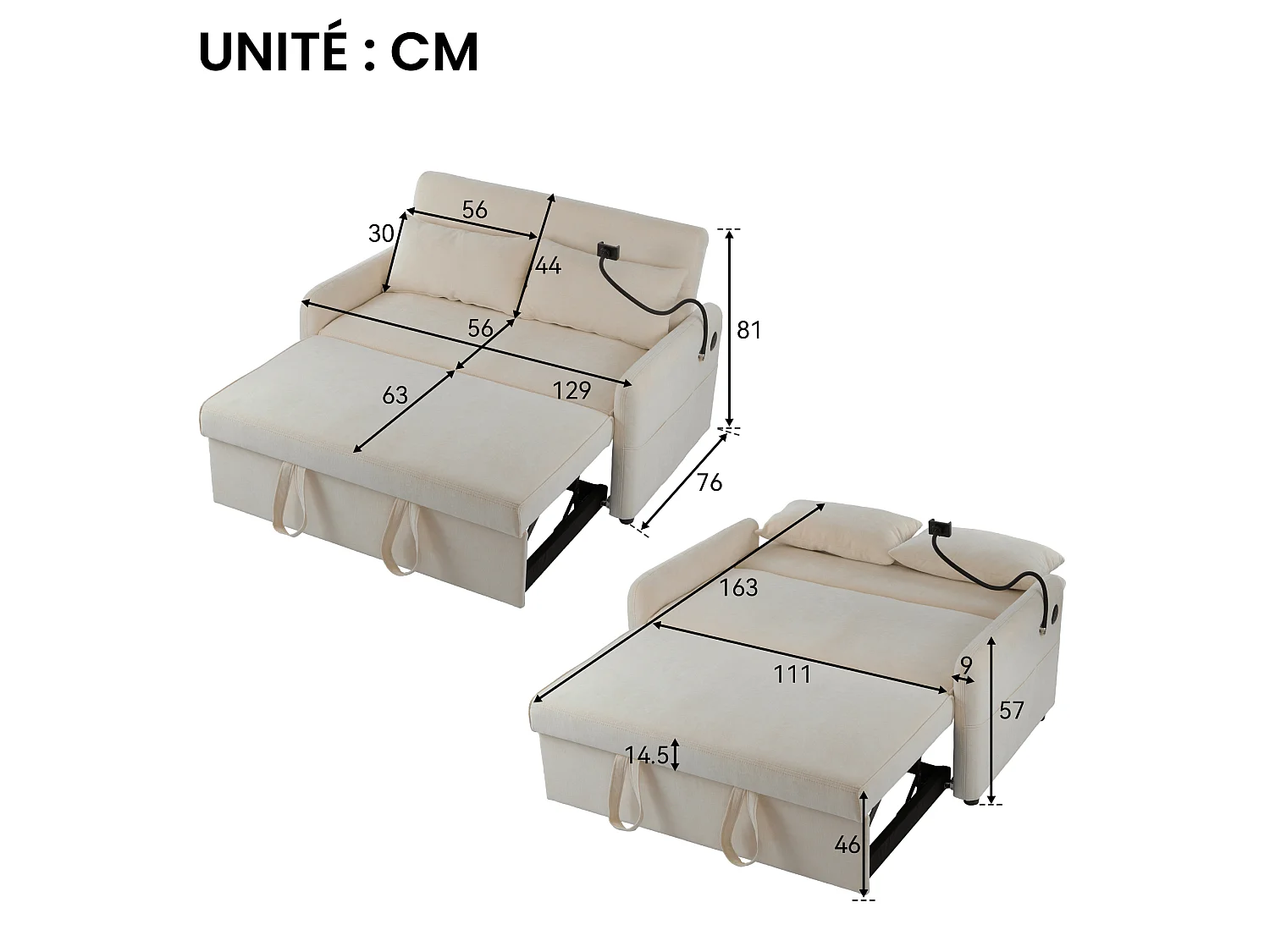 Slaapbank - 2-Zits Uitklapbare Slaapbank Met Wielen En Draagriem - Verstelbare Rugleuning 3-Standen En USB-Oplaadpoort - Chenille - Beige