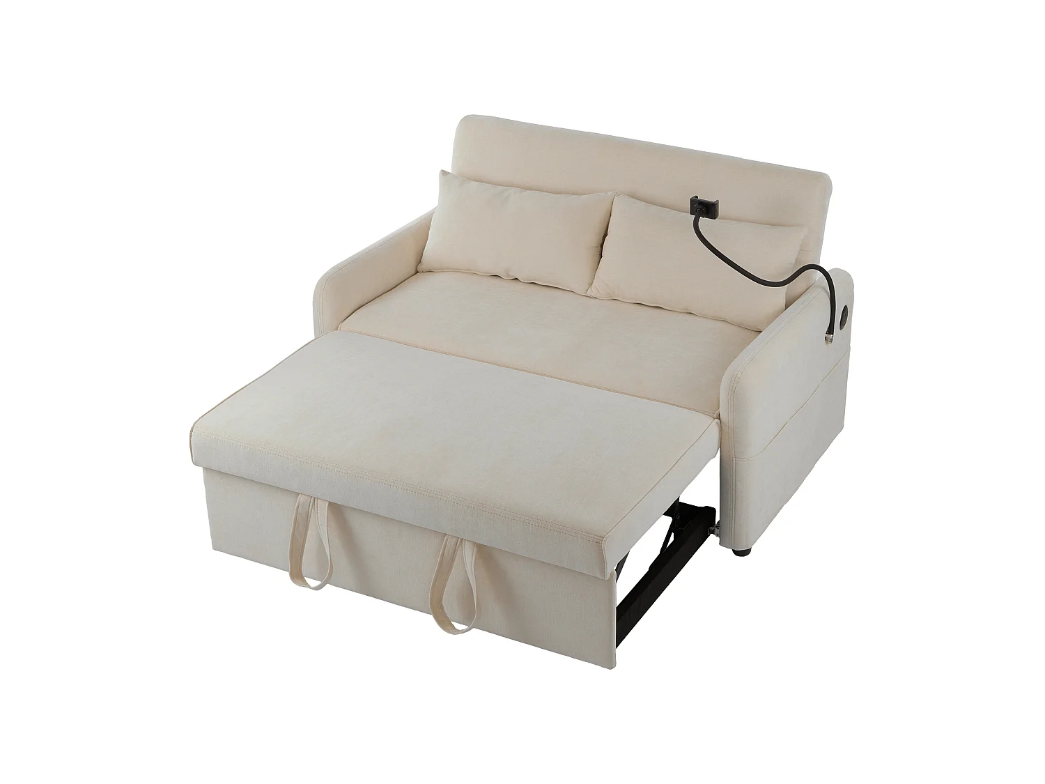 Slaapbank - 2-Zits Uitklapbare Slaapbank Met Wielen En Draagriem - Verstelbare Rugleuning 3-Standen En USB-Oplaadpoort - Chenille - Beige