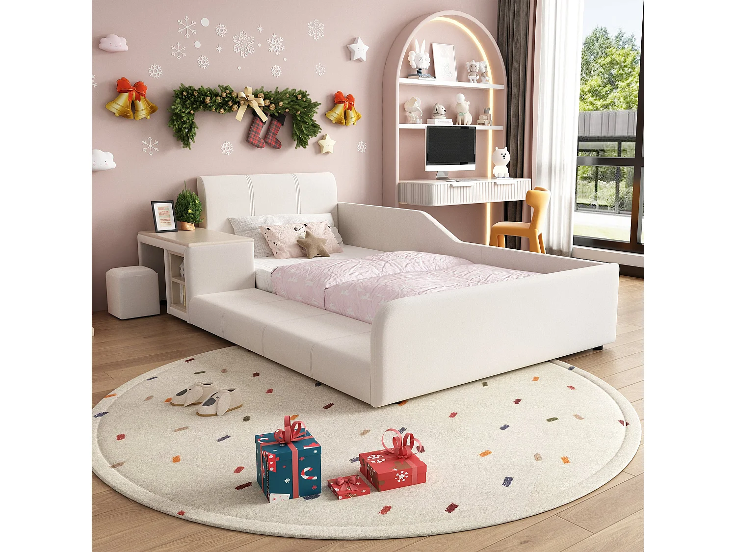 Lit enfant 140x200 cm, velours blanc, avec bureau, tabouret et étagère, sans matelas