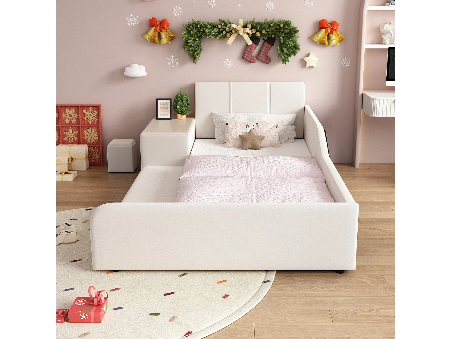 Lit enfant 140x200 cm, velours blanc, avec bureau, tabouret et étagère, sans matelas