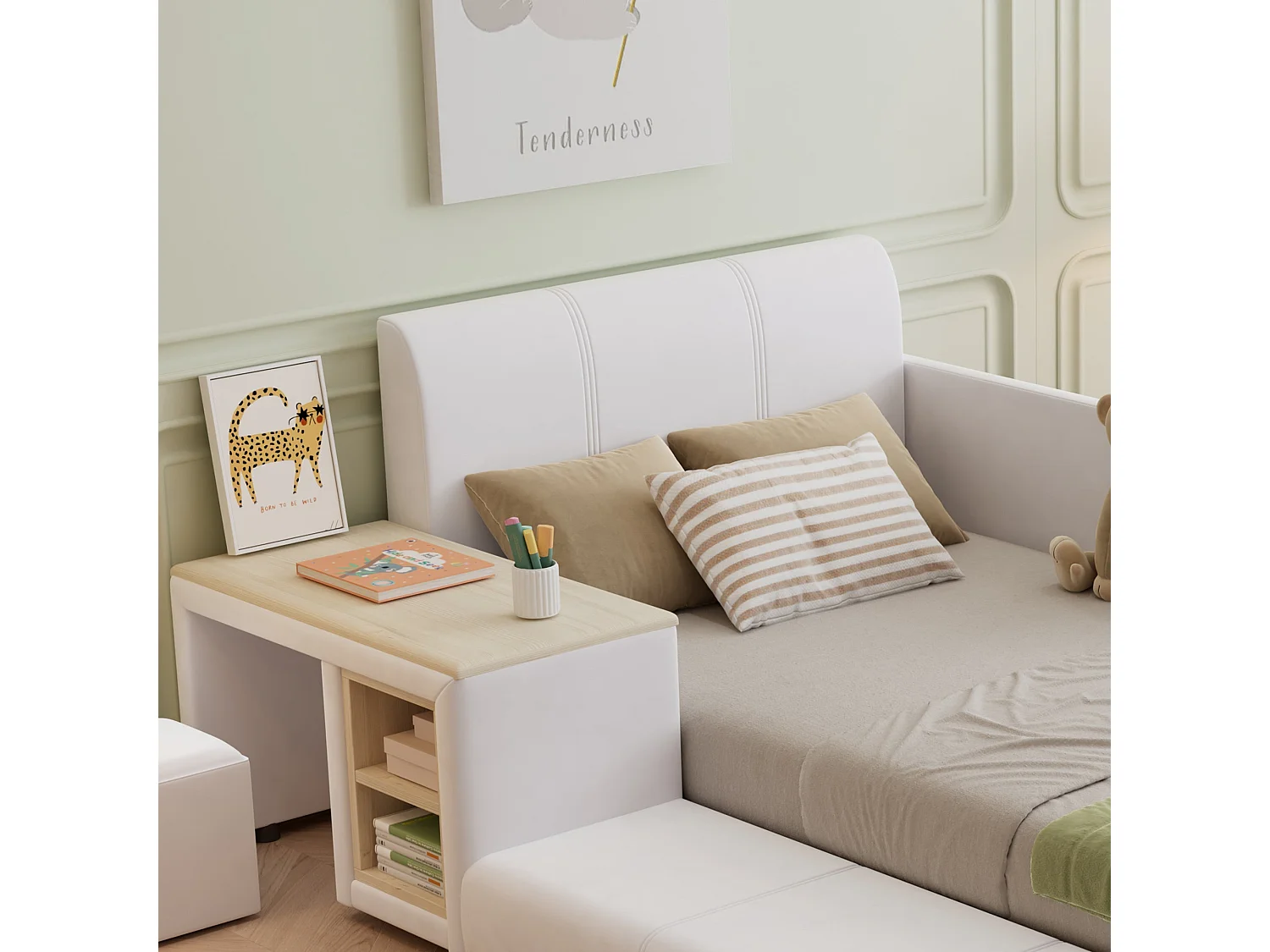 Lit enfant 140x200 cm, velours blanc, avec bureau, tabouret et étagère, sans matelas