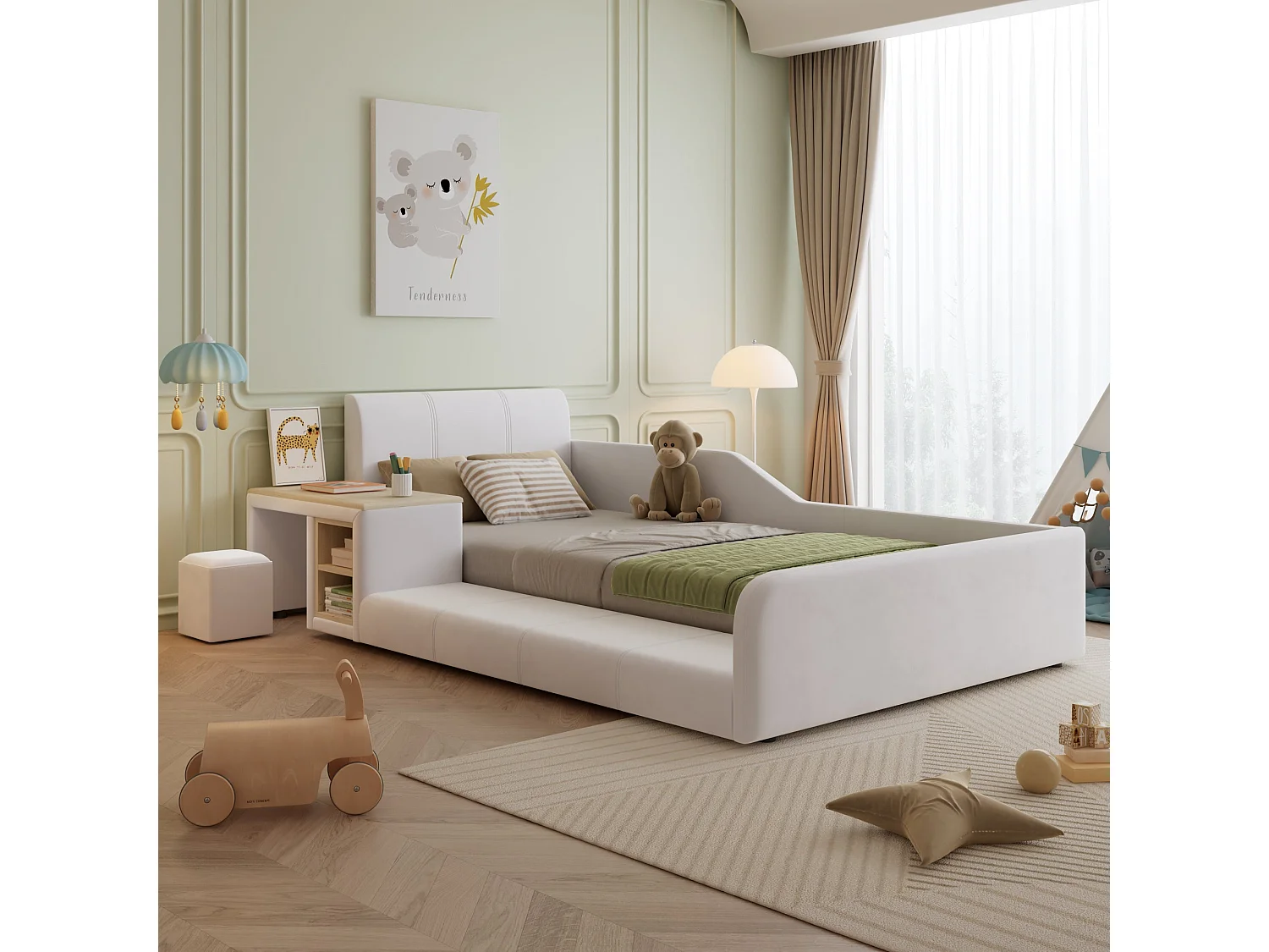 Lit enfant 140x200 cm, velours blanc, avec bureau, tabouret et étagère, sans matelas