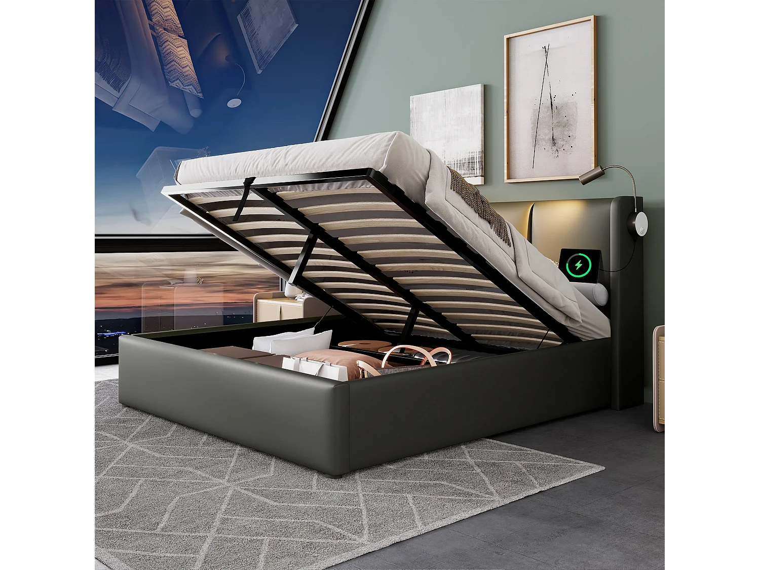Lit double 160x200 cm, PU gris, avec lampe de lecture, ports USB, rangement hydraulique, sans matelas