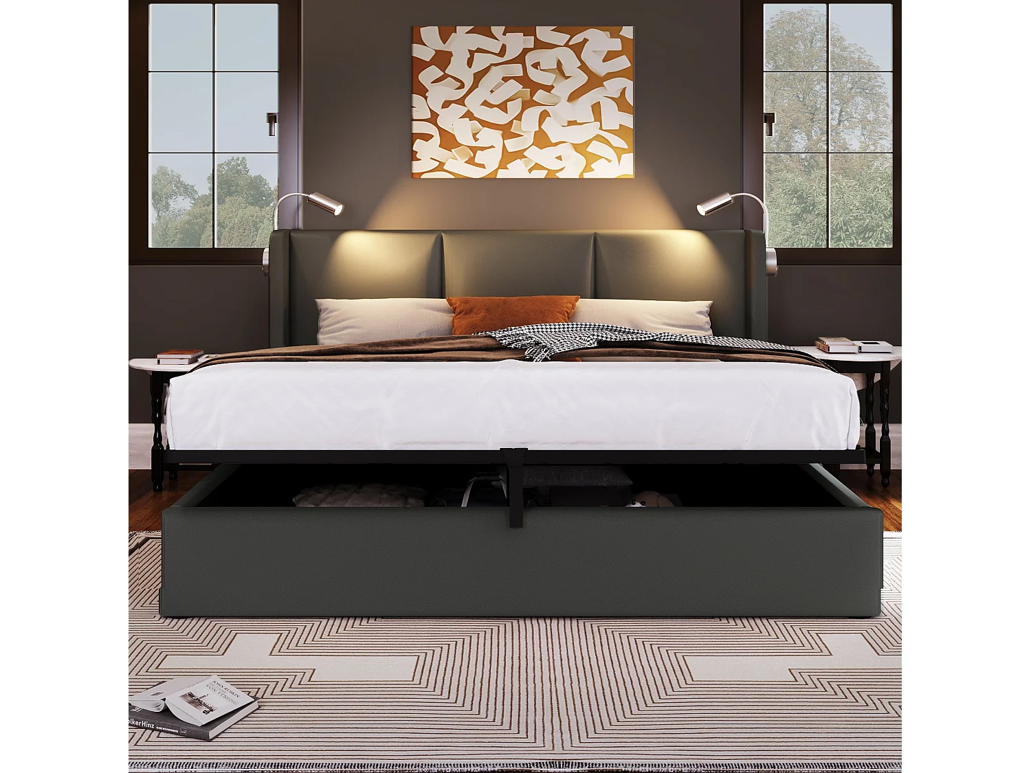Lit double 160x200 cm, PU gris, avec lampe de lecture, ports USB, rangement hydraulique, sans matelas