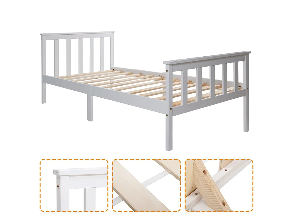 Lit simple compact 90x200 cm, bois massif blanc, avec sommier à lattes, sans matelas