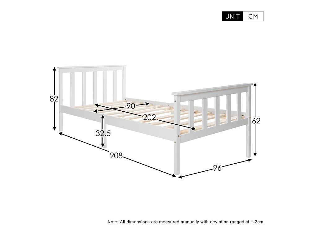 Lit simple compact 90x200 cm, bois massif blanc, avec sommier à lattes, sans matelas