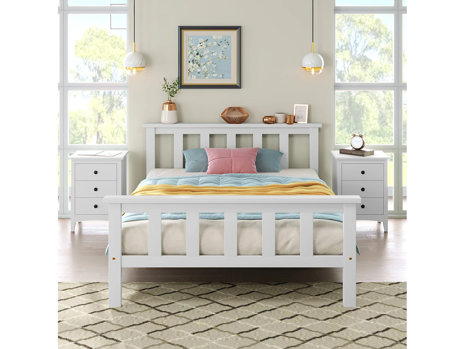 Lit simple compact 90x200 cm, bois massif blanc, avec sommier à lattes, sans matelas