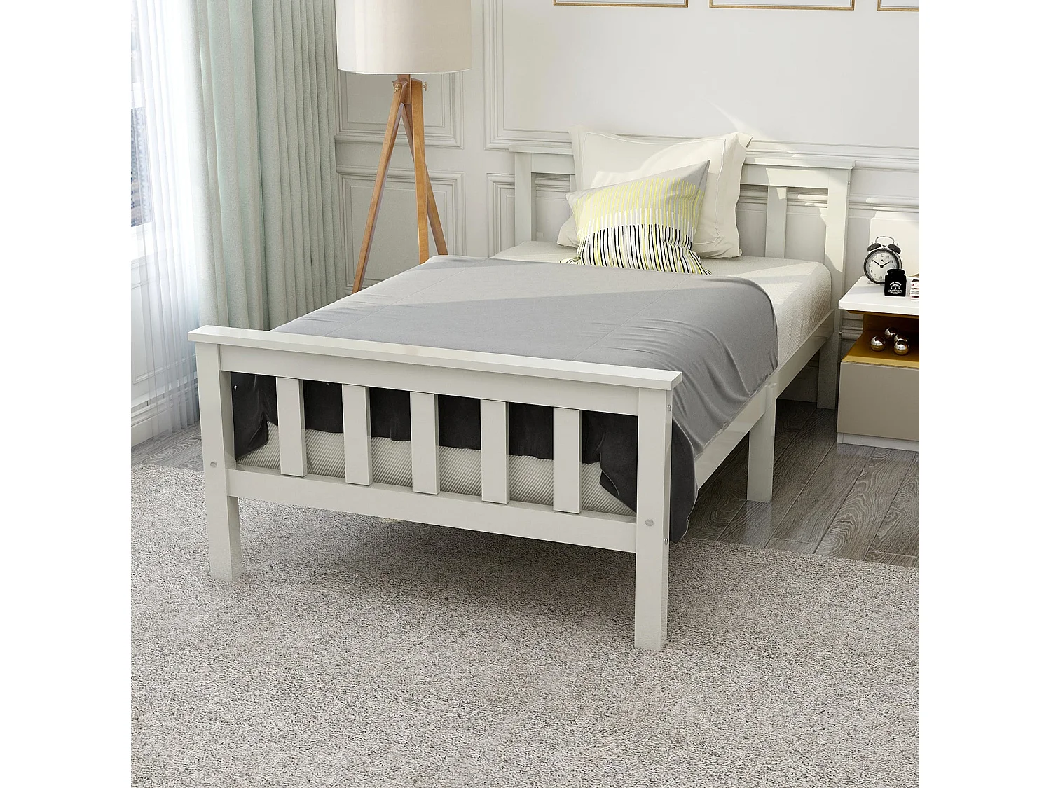 Lit simple compact 90x200 cm, bois massif blanc, avec sommier à lattes, sans matelas